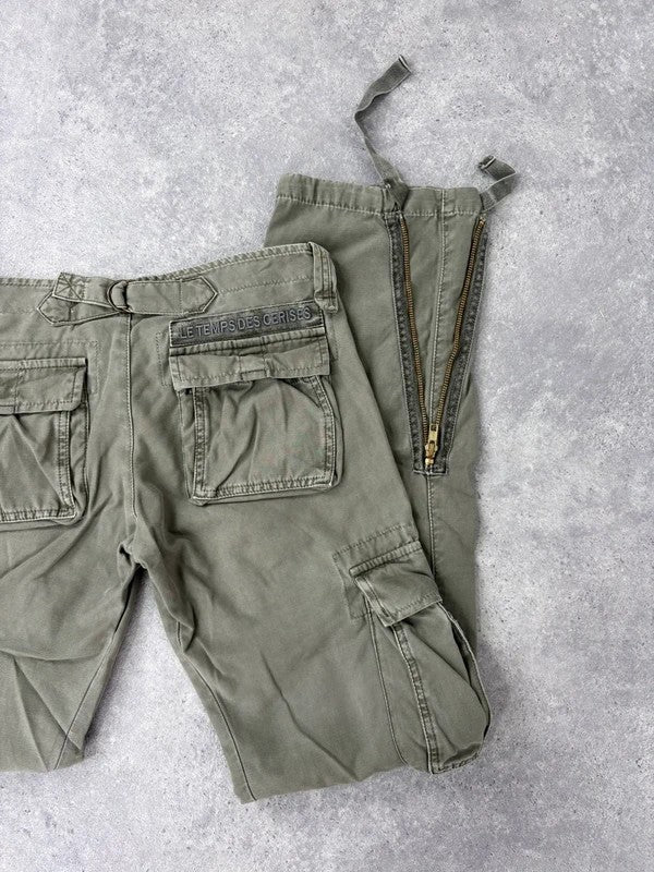 Low rise khaki flared cargo utility trousers