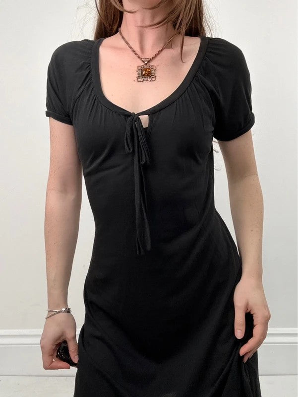 slouchy black bow neck mini dress