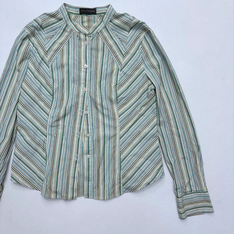 green pinstriped high neck button shirt