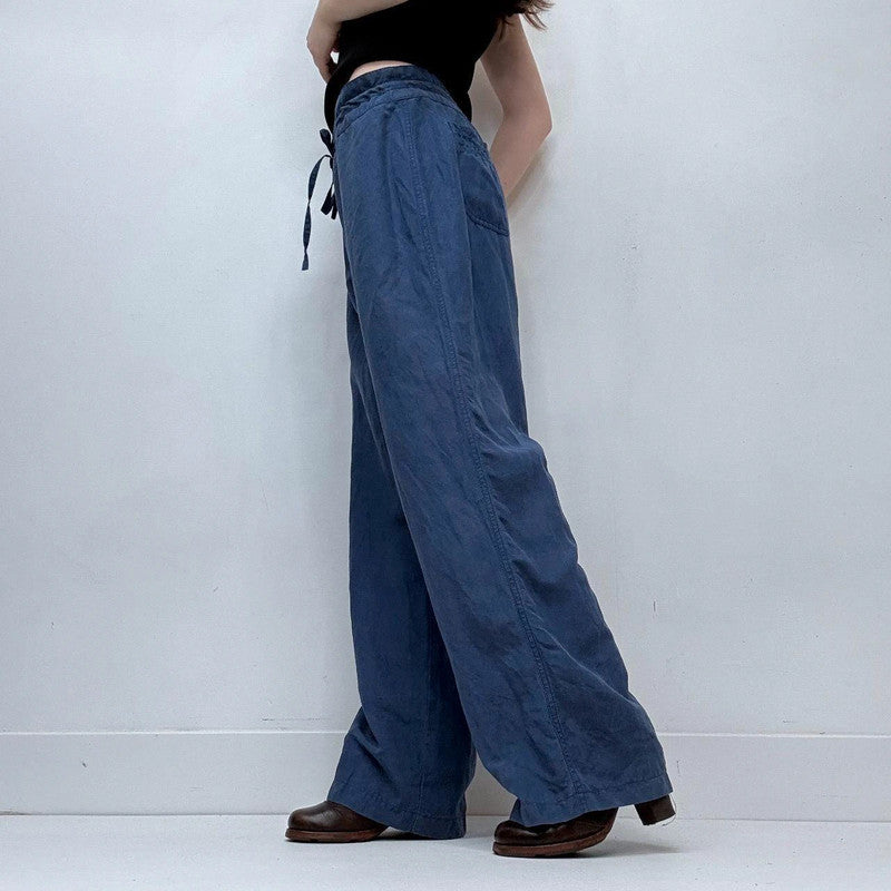 blue wide-leg linen silk drawstring trousers