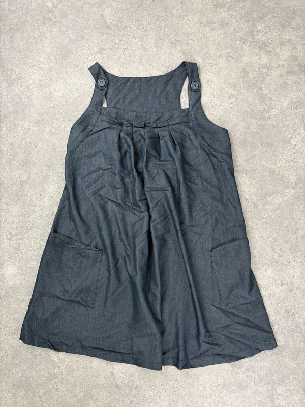 pleated denim mini pinafore dress