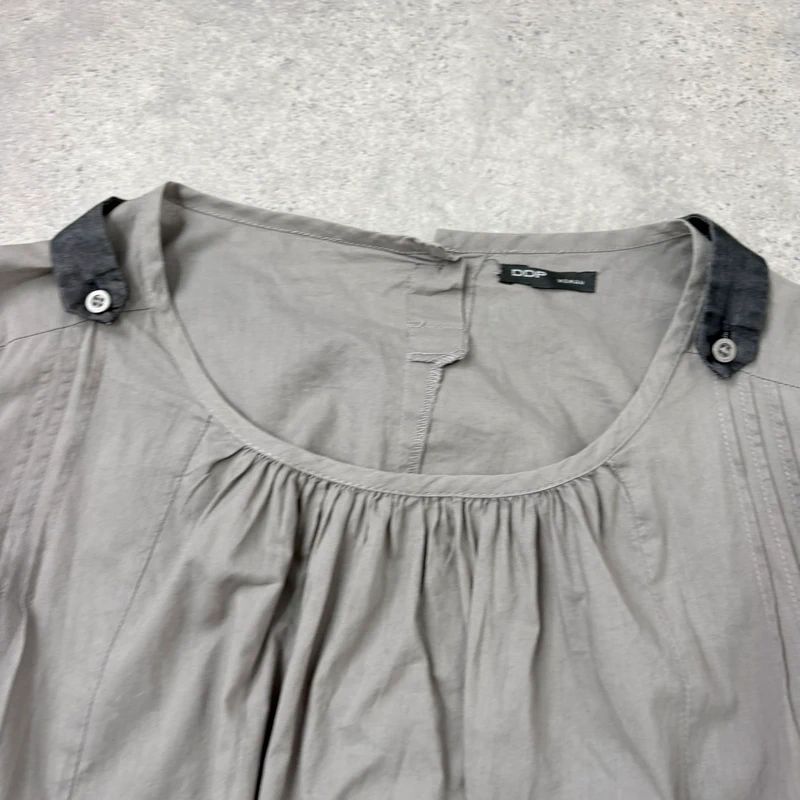 utility khaki pleated blouse with harness braces