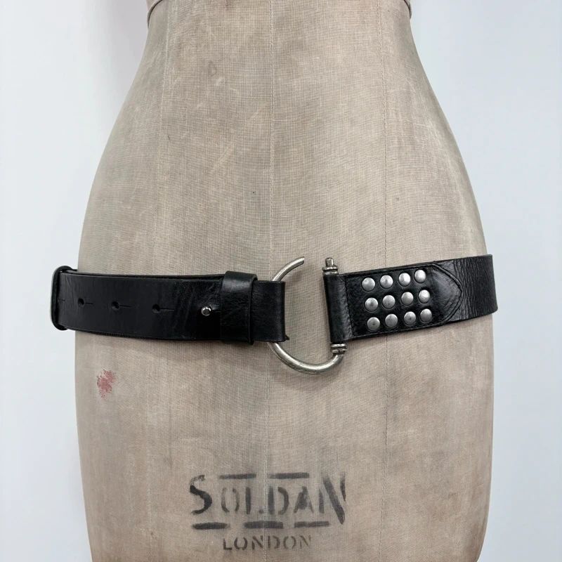 black leather studded silver metal belt