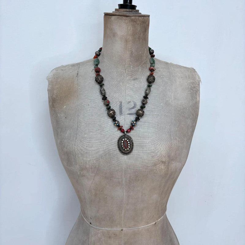 chunky beaded engraved boho necklace