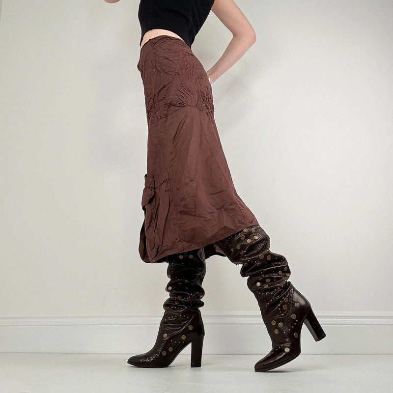 brown crinkle pleated puff skirt