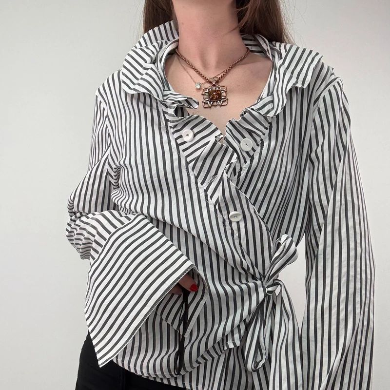 Asymmetric Pinstripe Wrap Ruffle Shirt