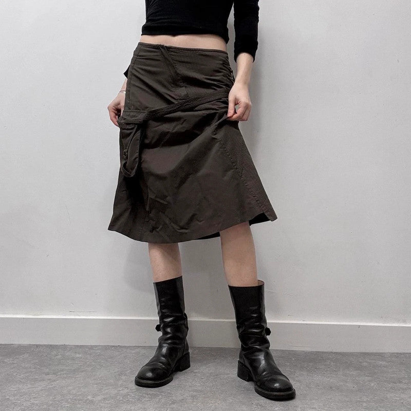 brown pinstripe flared cargo midi skirt