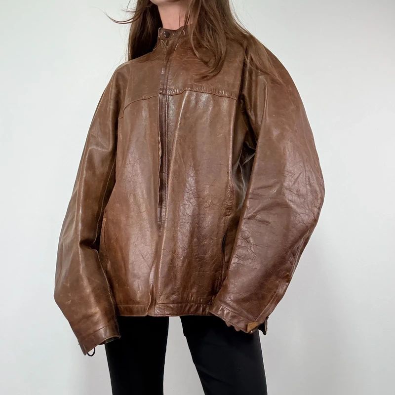 Brown Oversized Leather Bomber Jacket