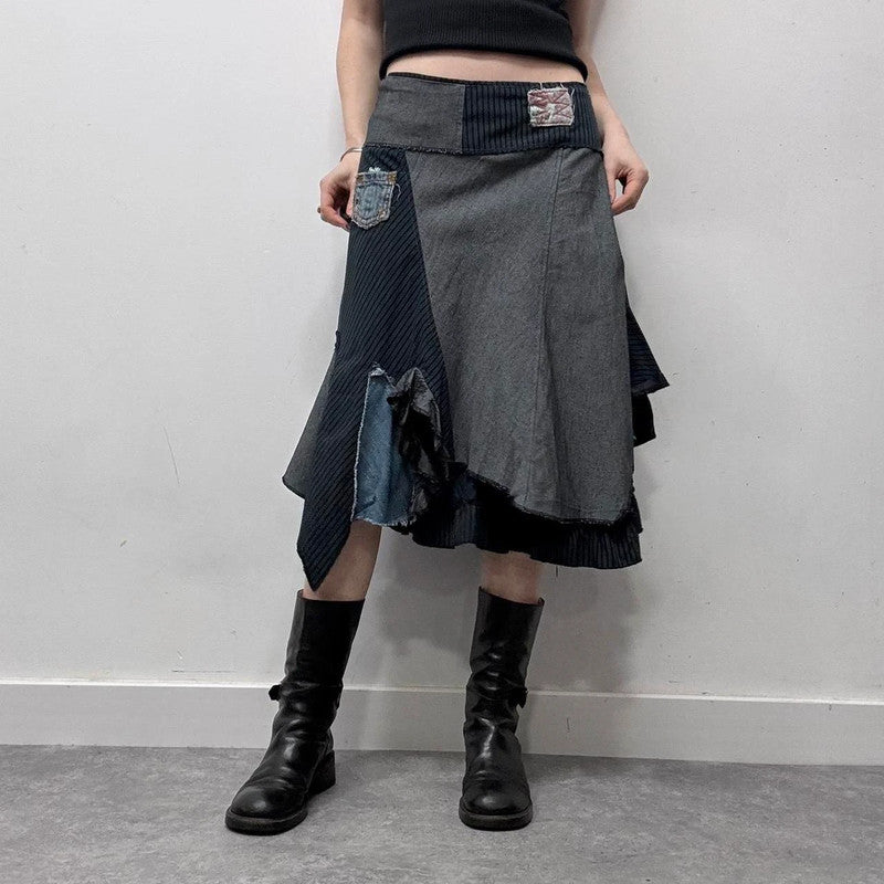 patchwork grunge fairy pinstripe midi skirt