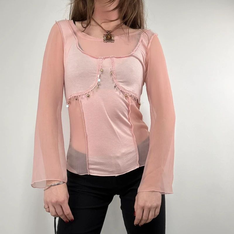 pink flared long sleeve t-shirt