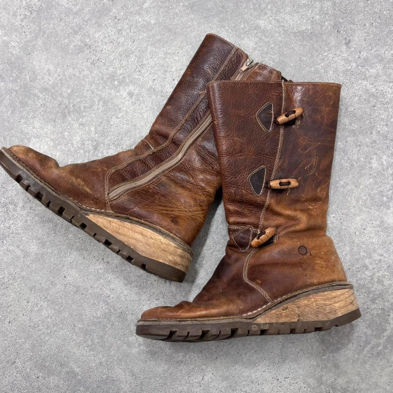 tan leather heeled toggle boots