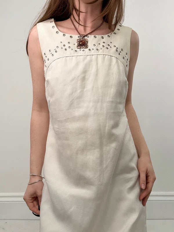 cream cotton linen a-line studded midi dress