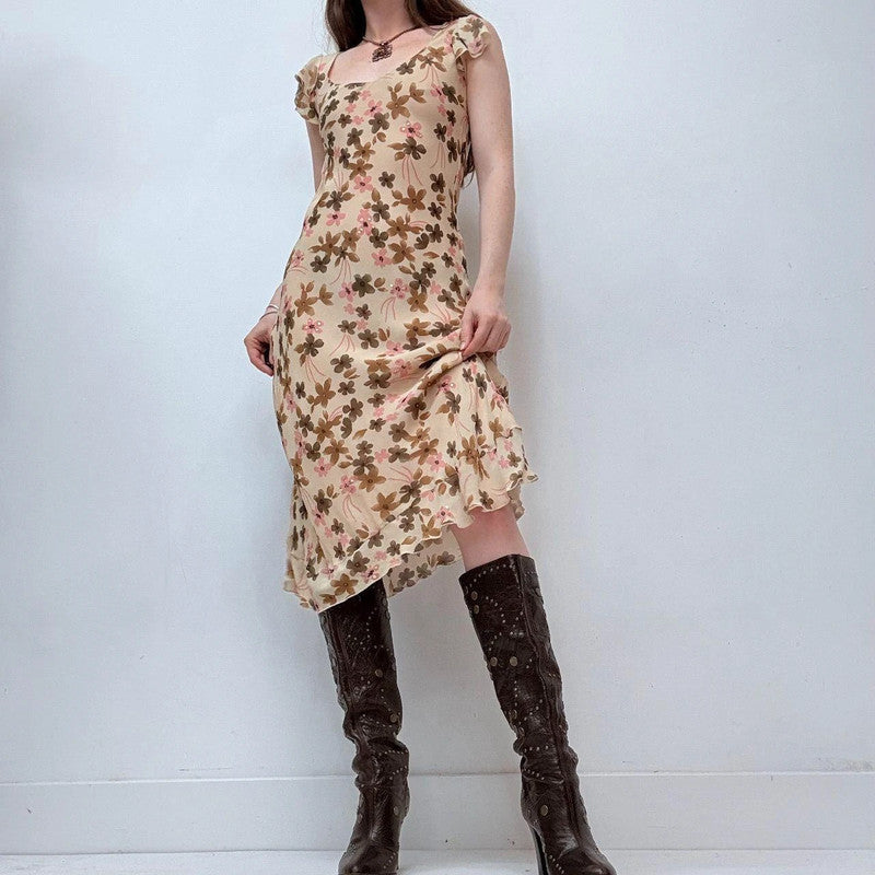 brown floral silk bias cut midi dress