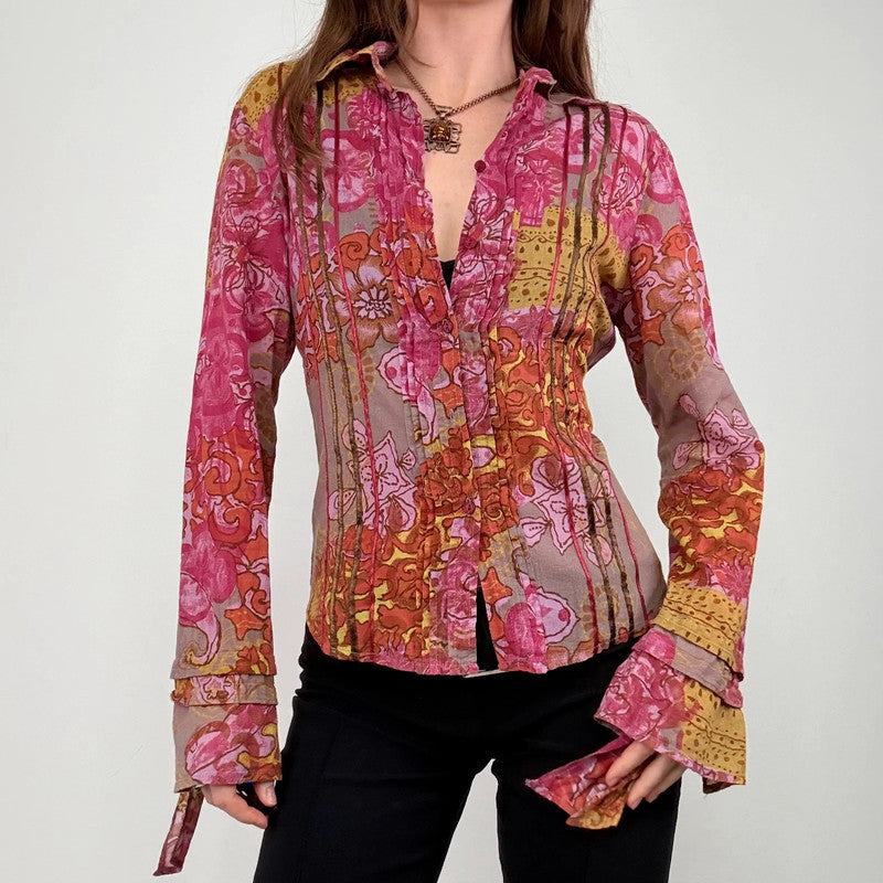 pink and brown floral printed flared shirt