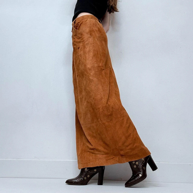 tan suede a-line maxi skirt