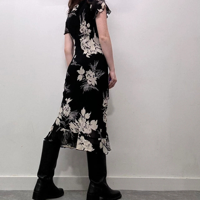 black floral bias cut 90s dress