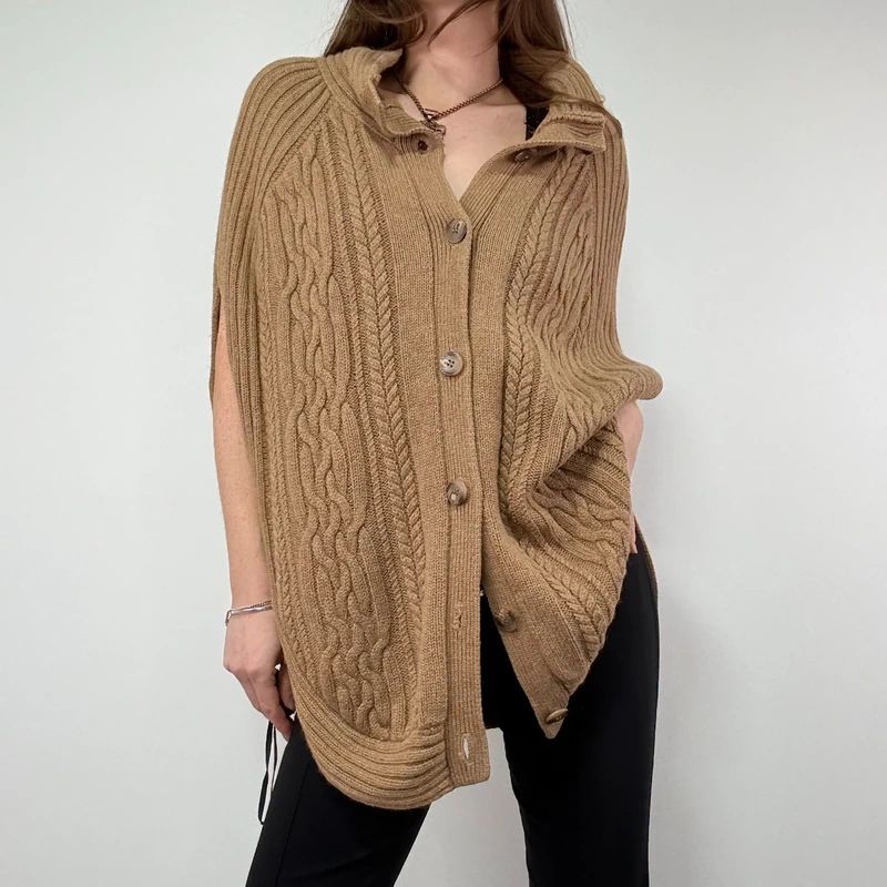Tan Cable Knit Cape Cardigan