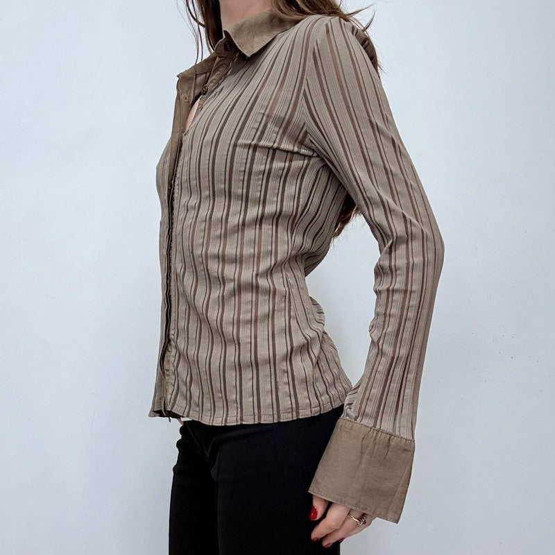 brown pinstripe flared shirt