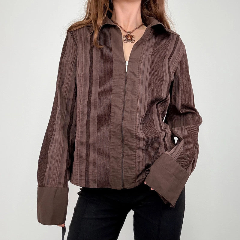 brown pinstripe zip shirt