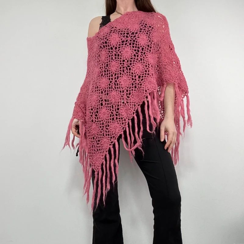 pink sheer knit crochet poncho