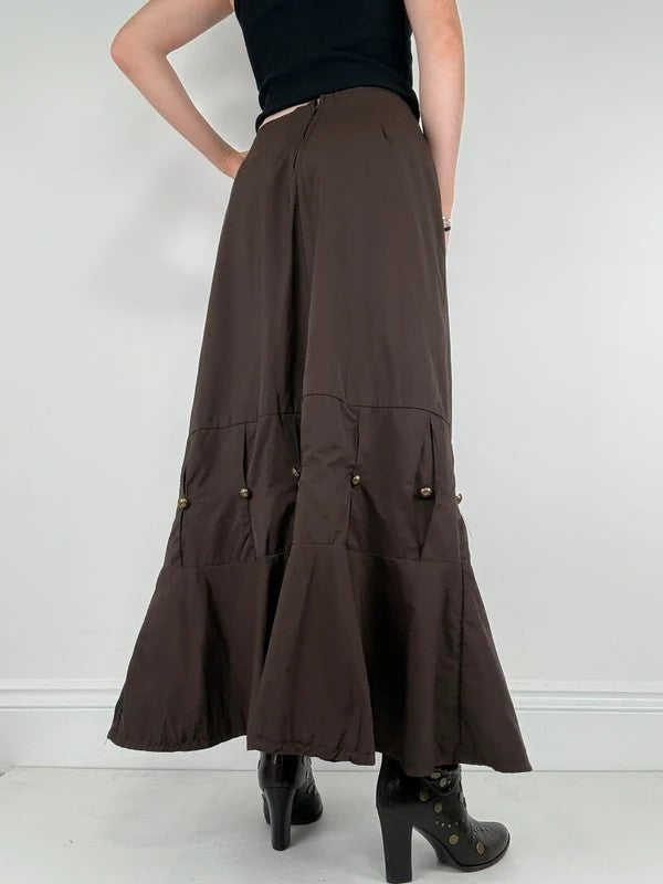brown flared studded pleated maxi skirt
