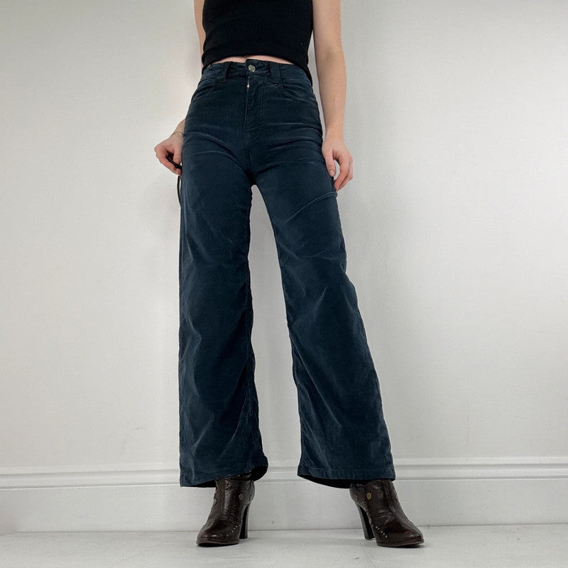 navy blue velvet flared trousers