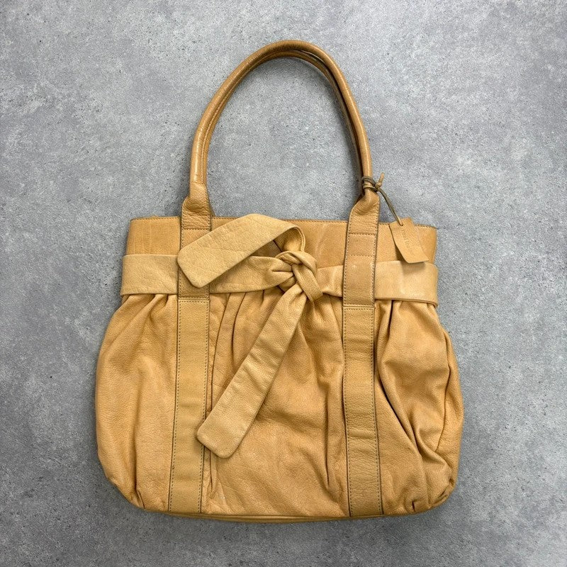 Cream yellow leather knot pleated handbag