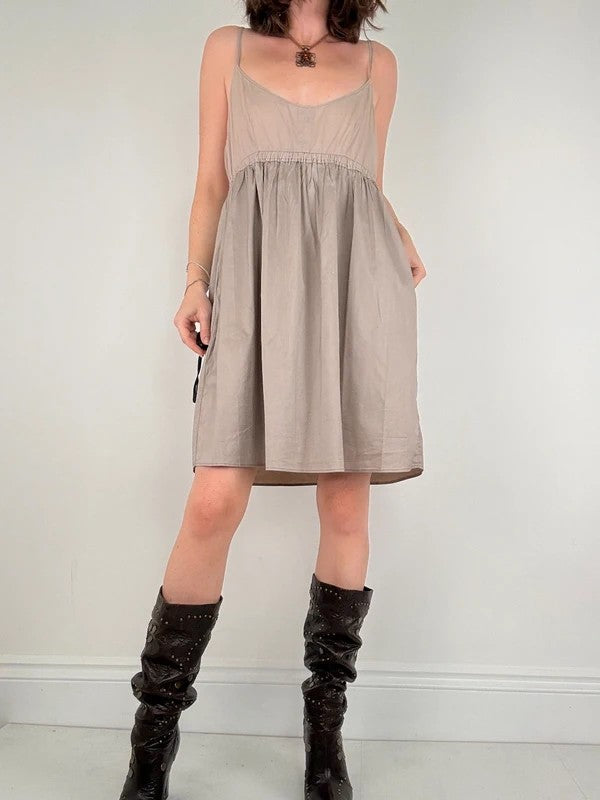 brown cotton pleated flared french midi dress
