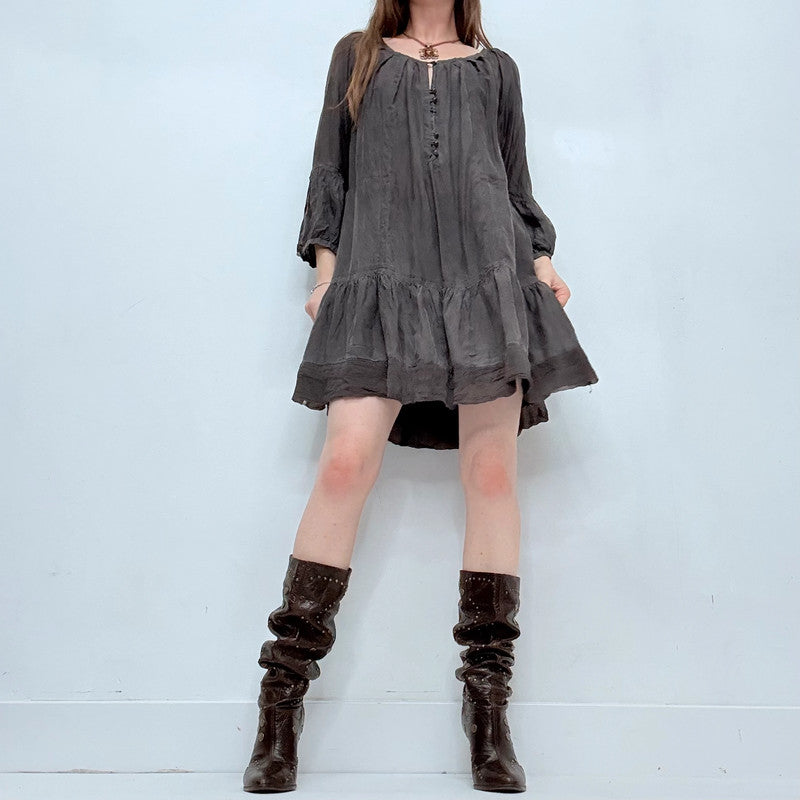 Grey silk pleated flared mini dress