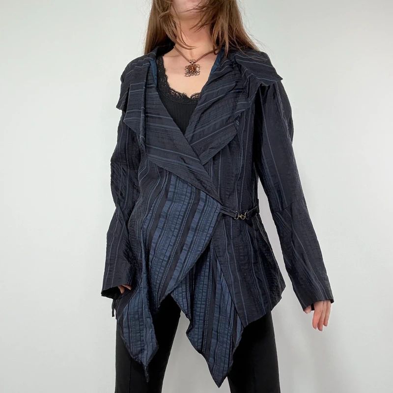 Navy Pinstripe Asymmetric Ruffle Jacket