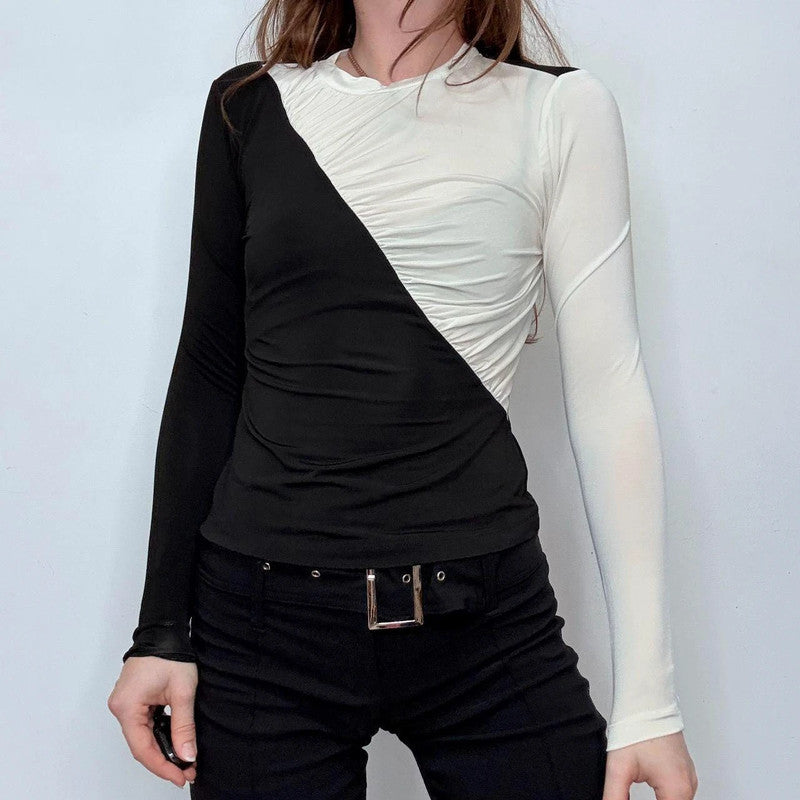 asymmetric black and white ruched t-shirt