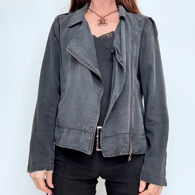 distressed black draped asymmetric jacket
