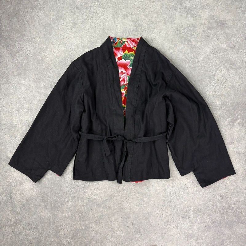 black linen boxy cropped kimono jacket