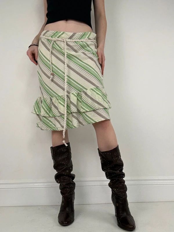 Pinstripe ruffle boho Y2K midi skirt