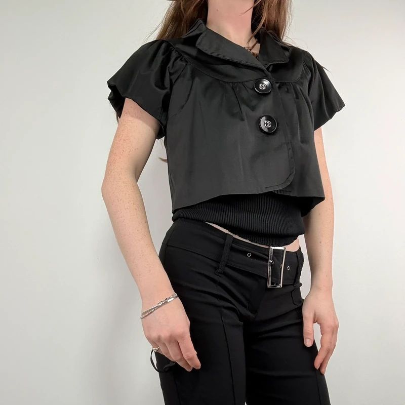 black satin cropped capped sleeve mini jacket