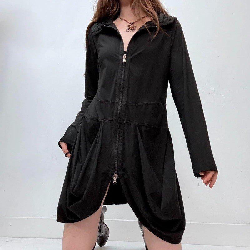 black draped long sleeve zip-up dress