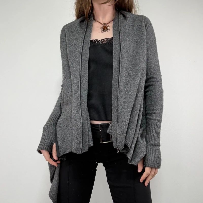 Asymmetric grey wool zip cardigan