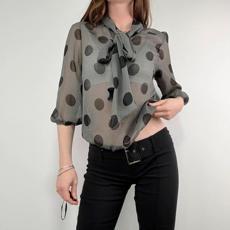 grey polkadot bow blouse