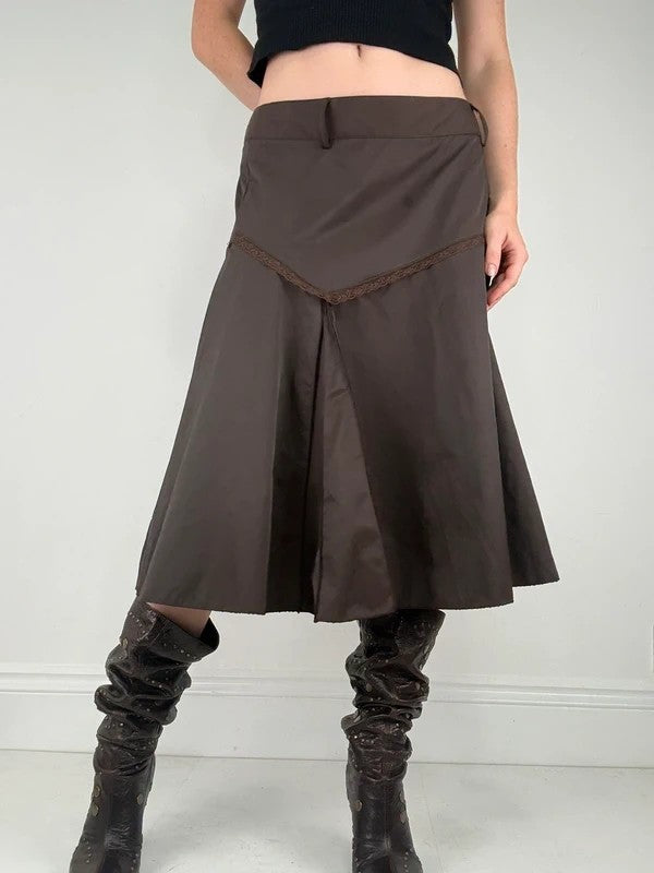 brown asymmetric waistband flared midi skirt