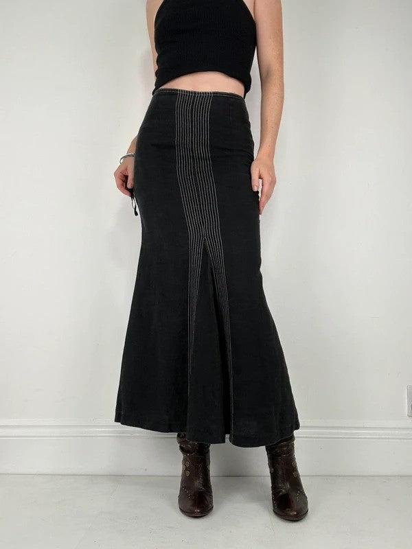 black linen high-waisted stitched flare maxi skirt