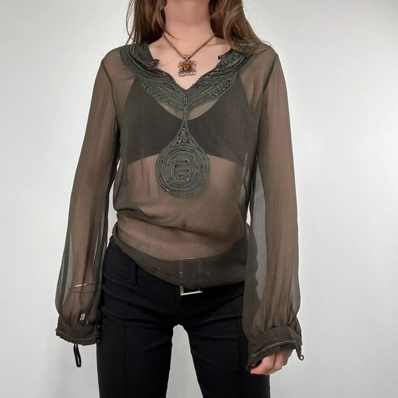 Antik Batik khaki sheer silk blouse