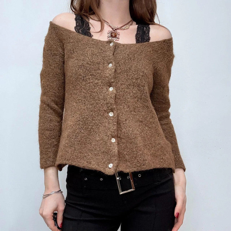 wide neck slouch brown cardigan
