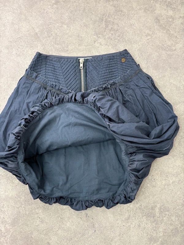 Puff parachute navy pleated midi flare skirt with zipper