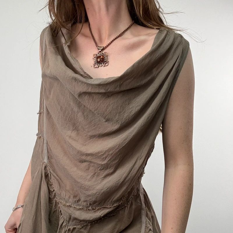 khaki brown draped slouchy asymmetric vest