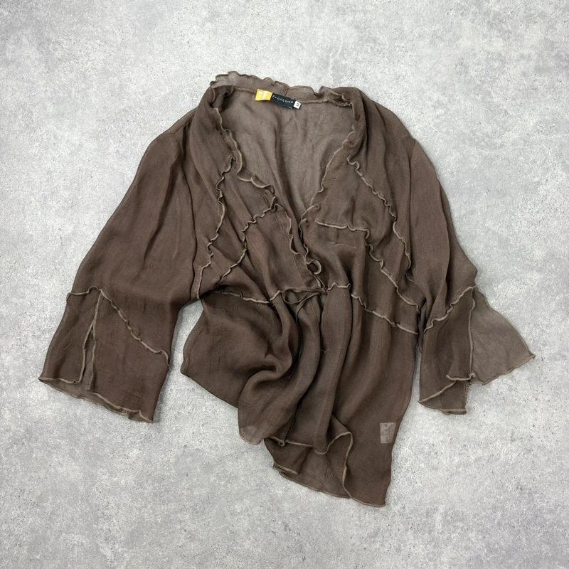 brown ruffle mesh slouchy flare shirt