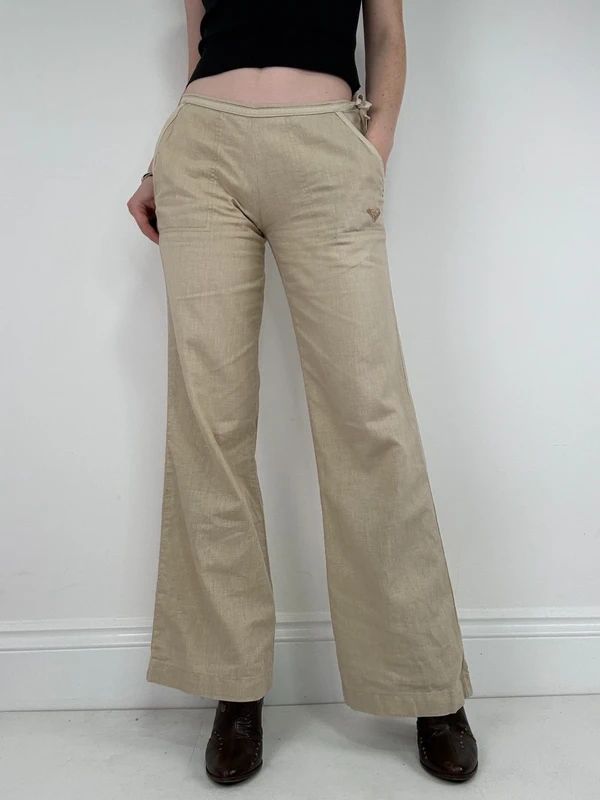 low rise tie waist linen flared trousers