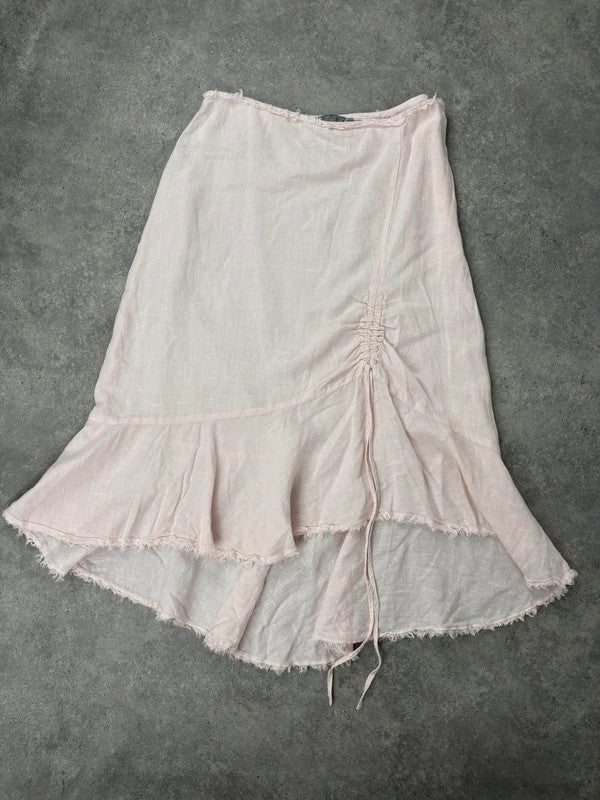 Pink linen flared asymmetric midi skirt