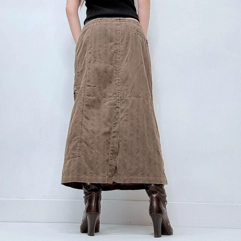 khaki brown pinstripe a-line maxi skirt