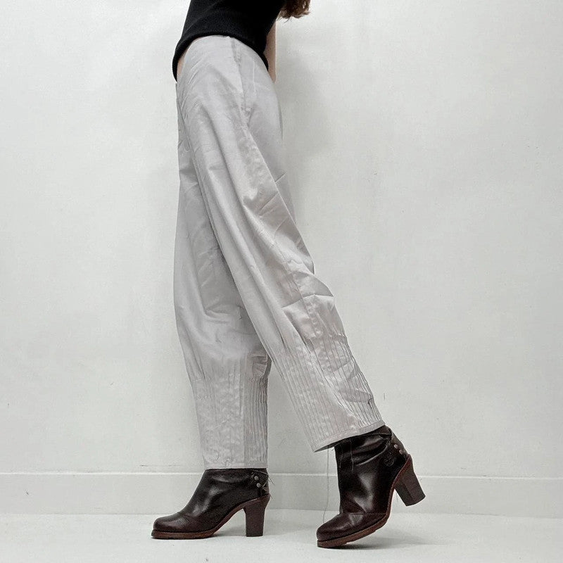 grey pleated puff barrel trousers