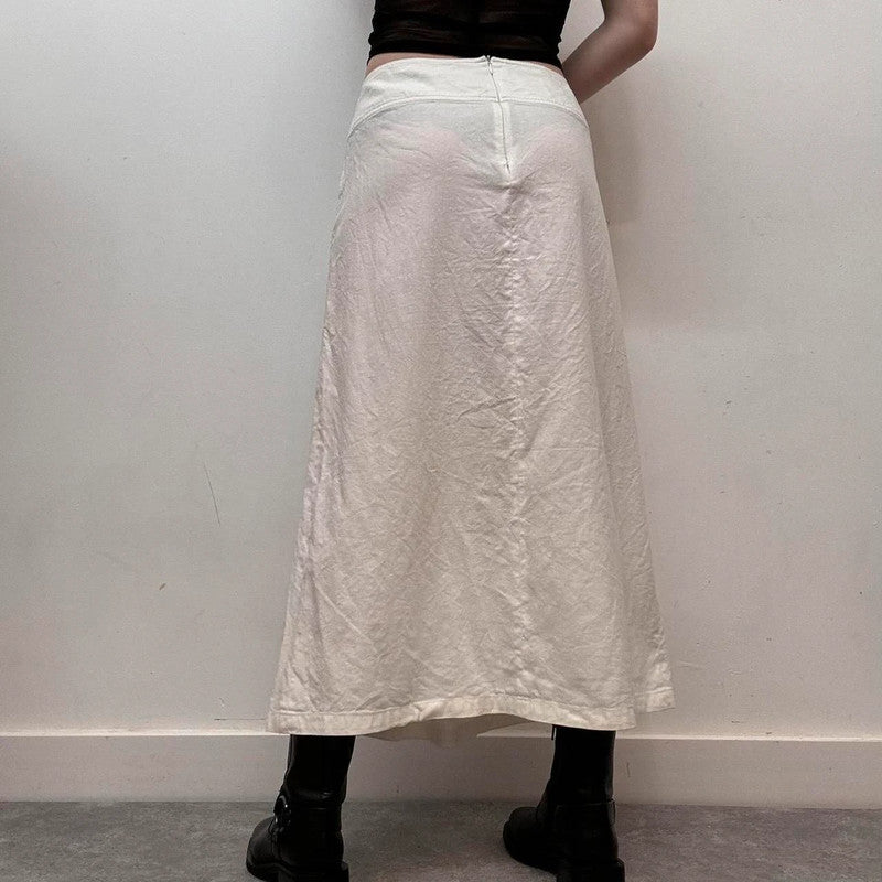 pleated white linen midi skirt